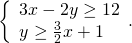 \left\{\begin{array}{c}3x-2y\ge 12\hfill \\ y\ge \frac{3}{2}x+1\hfill \end{array}.