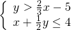 \left\{\begin{array}{c}y>\frac{2}{3}x-5\hfill \\ x+\frac{1}{2}y\le 4\hfill \end{array}
