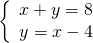 \left\{\begin{array}{c}x+y=8\hfill \\ y=x-4\hfill \end{array}